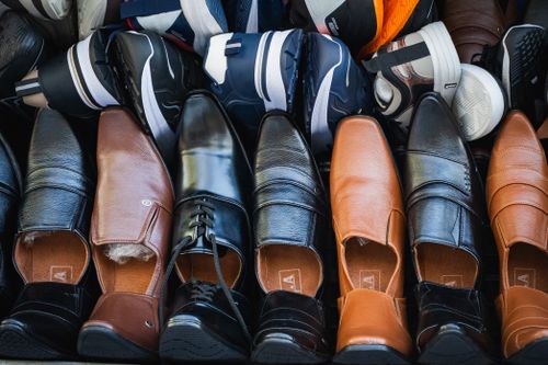 Free A variety of leather and sports shoes on display at a street market in Colombo, Sri Lanka. Stock Photo