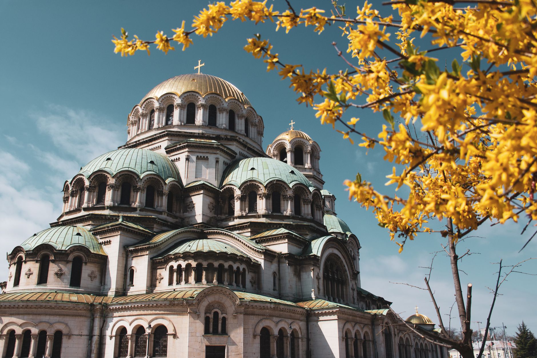 Sunrise over the golden domes of Alexander Nevsky Cathedral in central Sofia