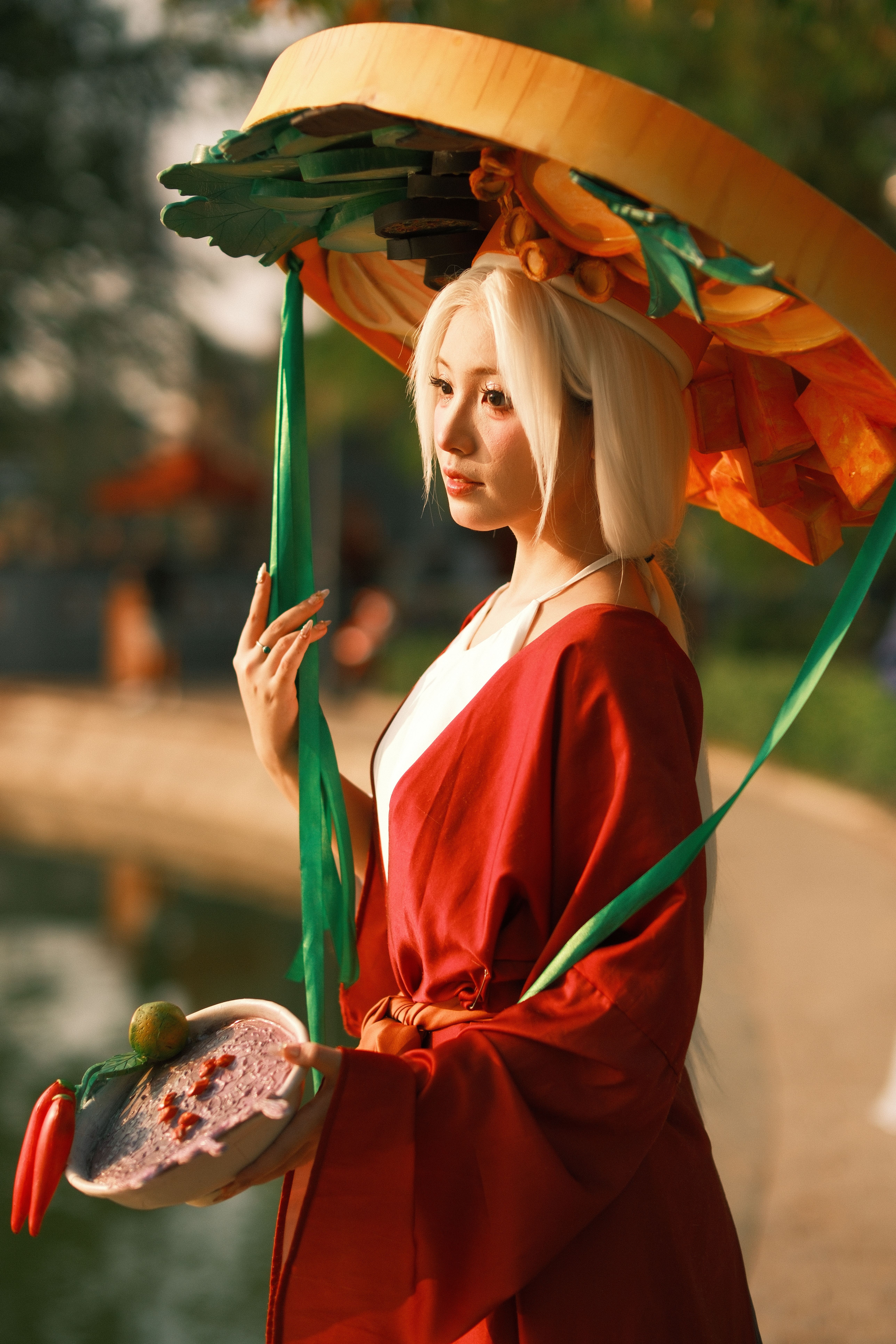 Asian Woman in Traditional Costume Outdoors