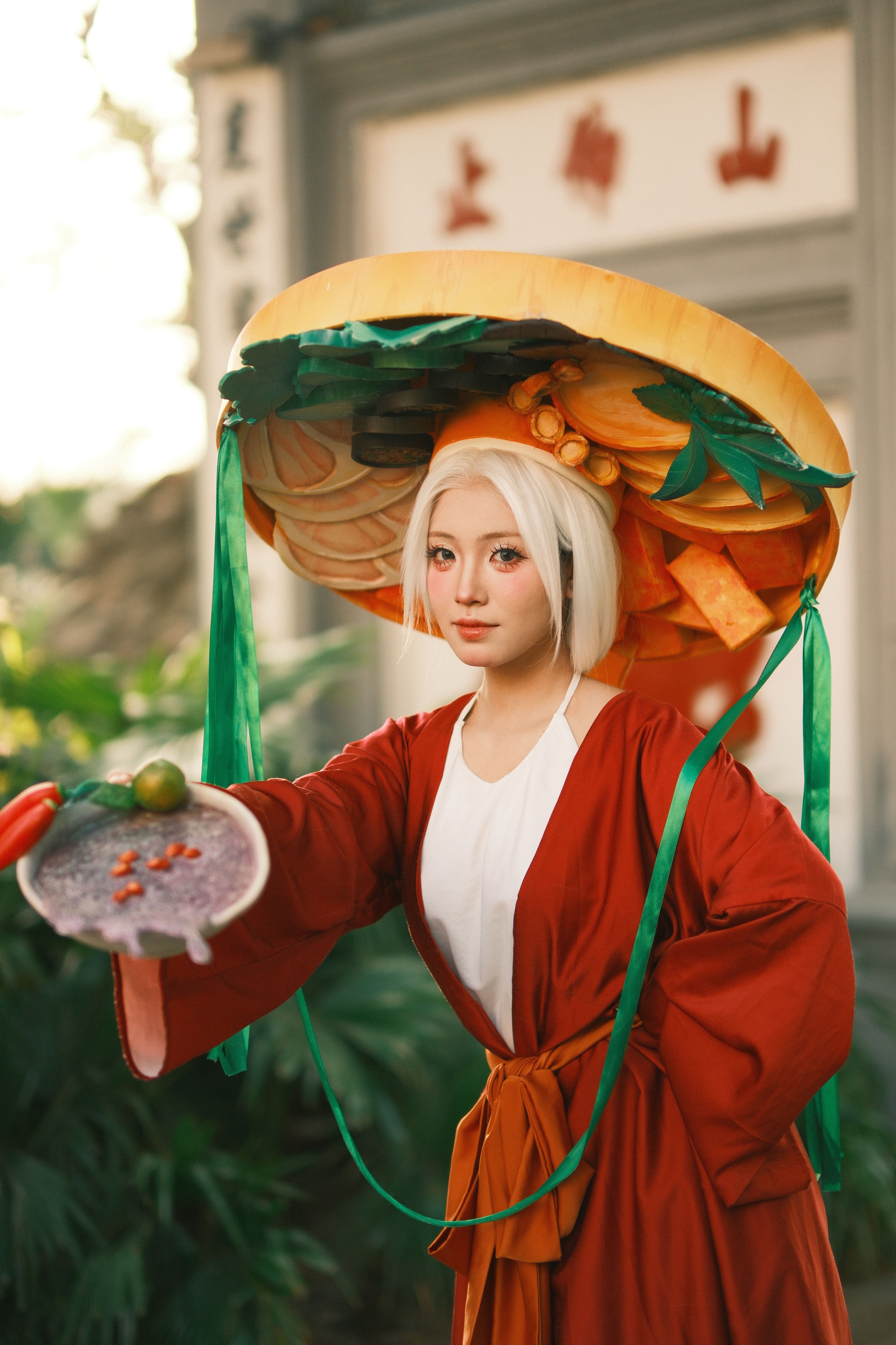Vietnamese Festival Costume Featuring Fruit Hat