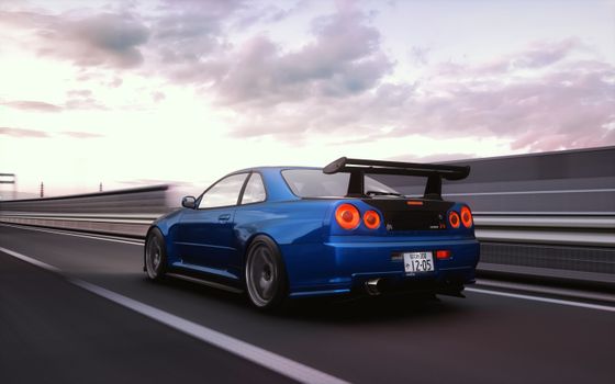 A blue sports car speeds on a highway in Hokkaido, Japan, during a vibrant sunset.