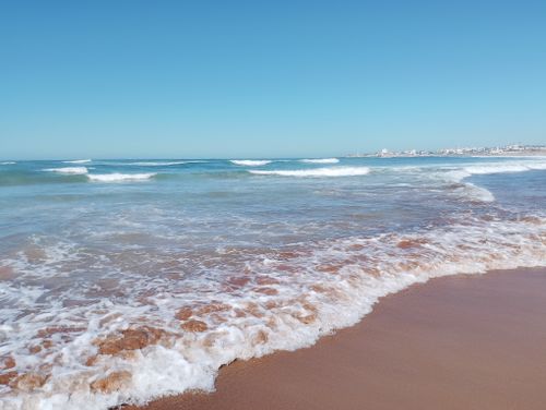 Free Tranquil sandy beach and gentle waves under clear blue sky, perfect for a peaceful escape. Stock Photo