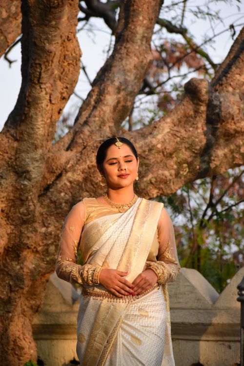Free A woman poses elegantly in traditional attire under a large tree during daytime. Stock Photo