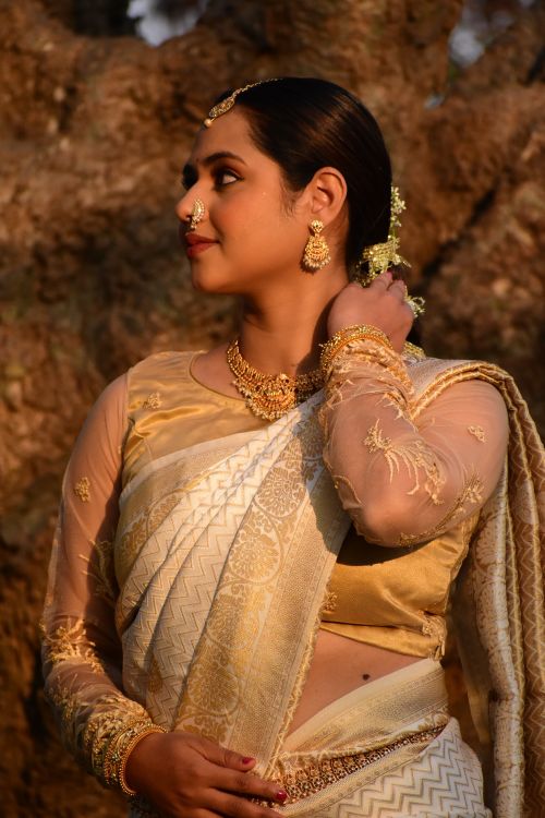 Free Close-up portrait of a woman in golden traditional dress, adorned with jewelry, against a textured background. Stock Photo