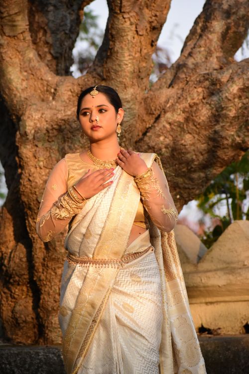Free A woman in a traditional Indian saree poses elegantly outdoors by a tree. Stock Photo