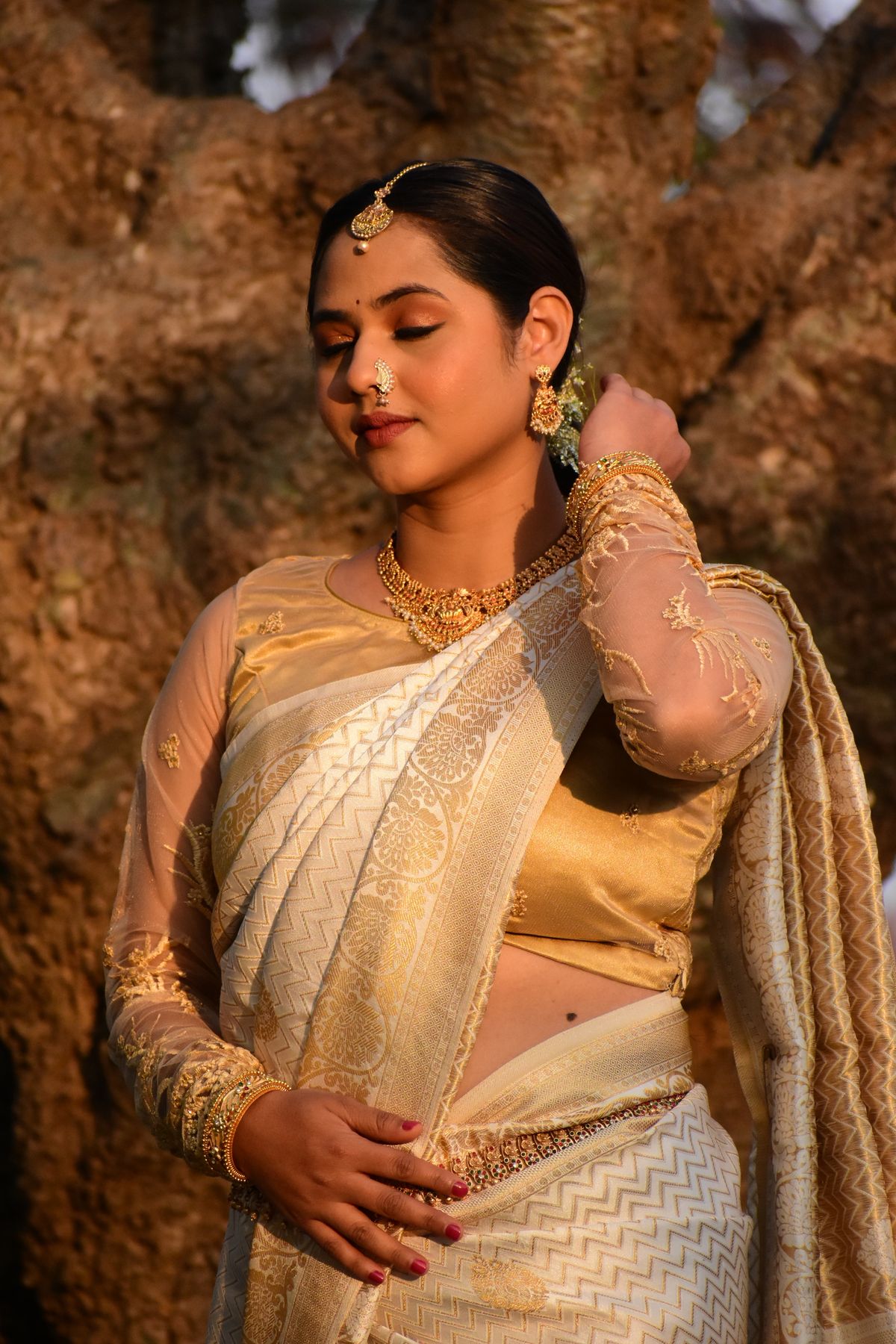 Elegant Woman in Traditional Saree Outdoors · Free Stock Photo