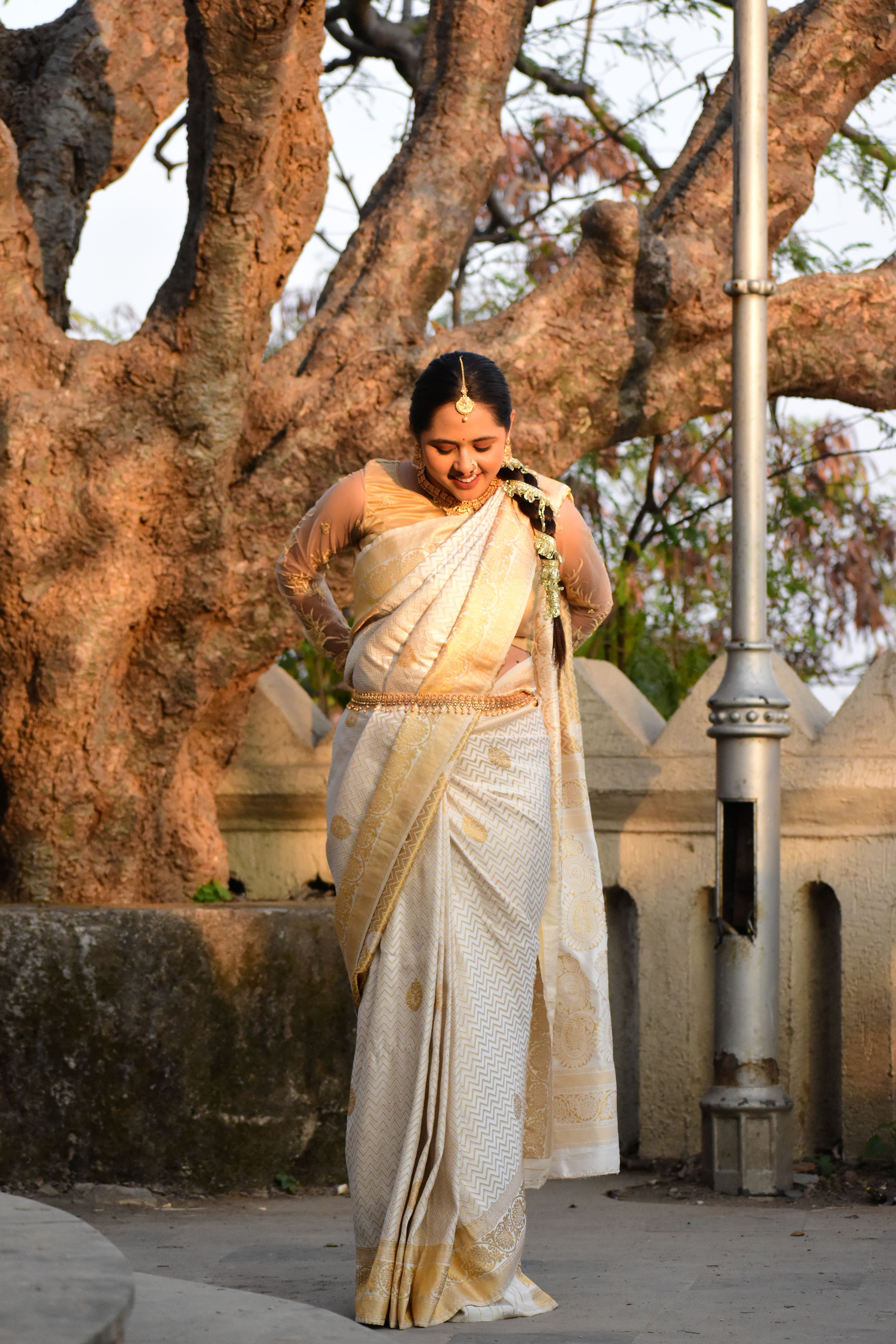 Woman in Traditional Saree Posing Outdoors · Free Stock Photo