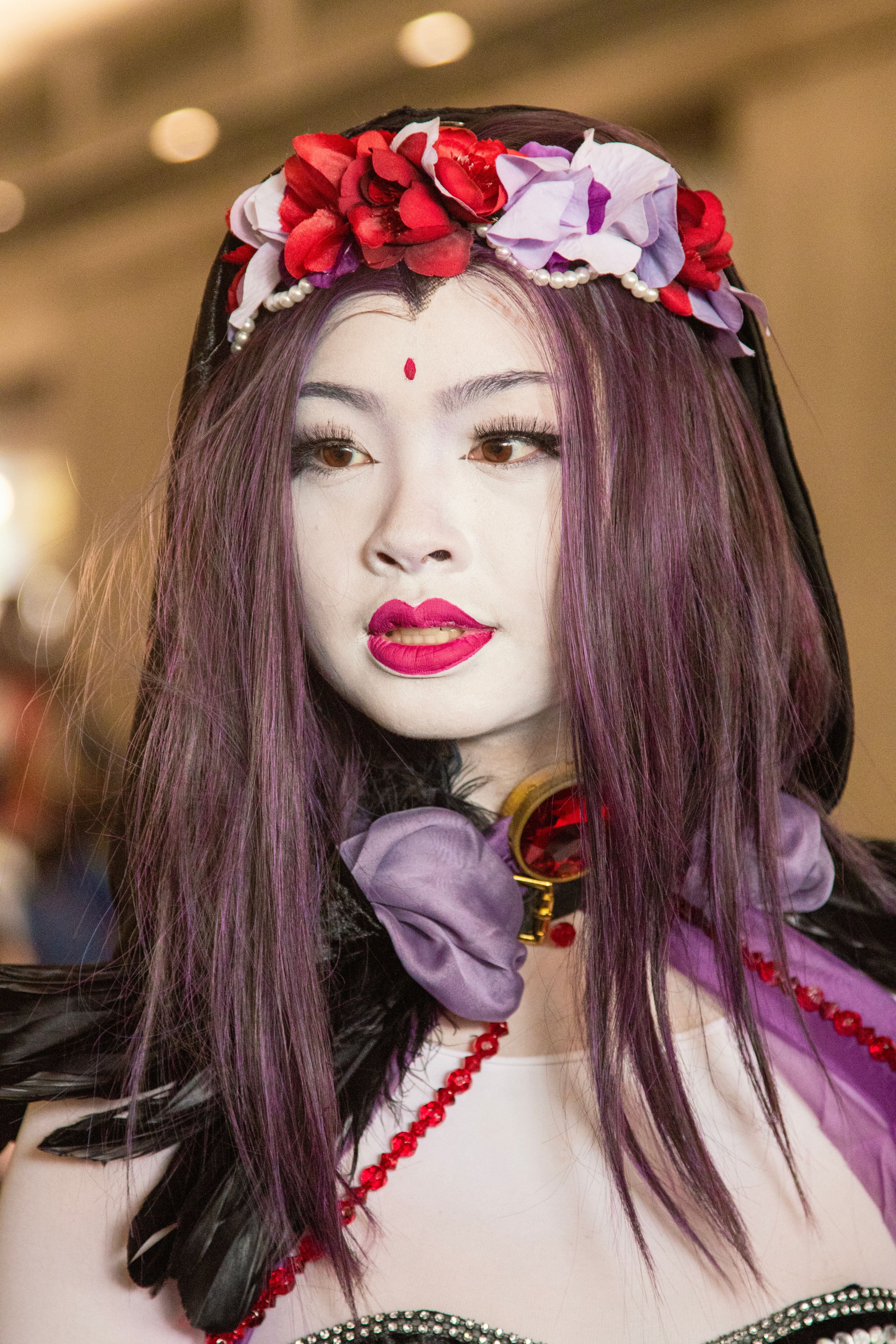 Performer in Vibrant Costume with Floral Headpiece