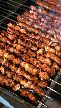 A close-up of sizzling grilled meat skewers on a barbecue grill, perfect for outdoor gatherings.