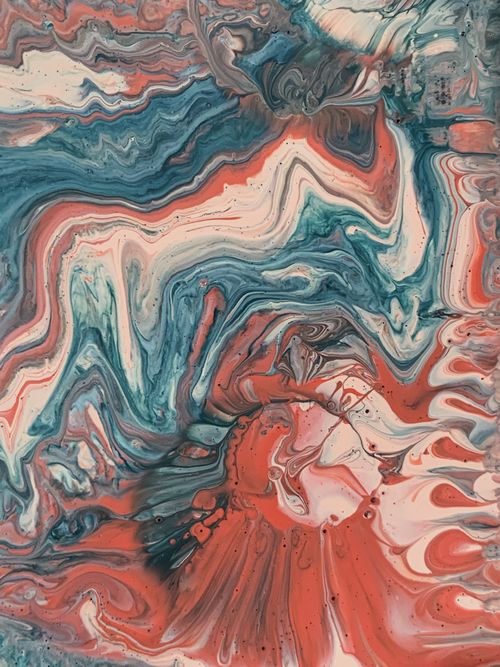 Free Dynamic abstract painting featuring vibrant flowing patterns in red, blue, and white hues. Stock Photo