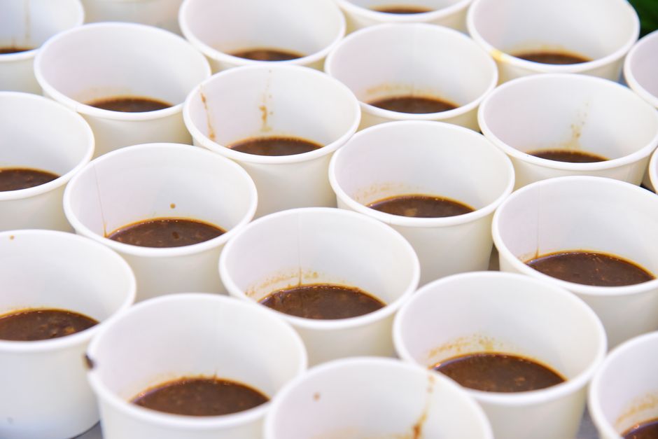 Rows of cupping glasses filled with freshly brewed specialty coffee samples on a wooden table