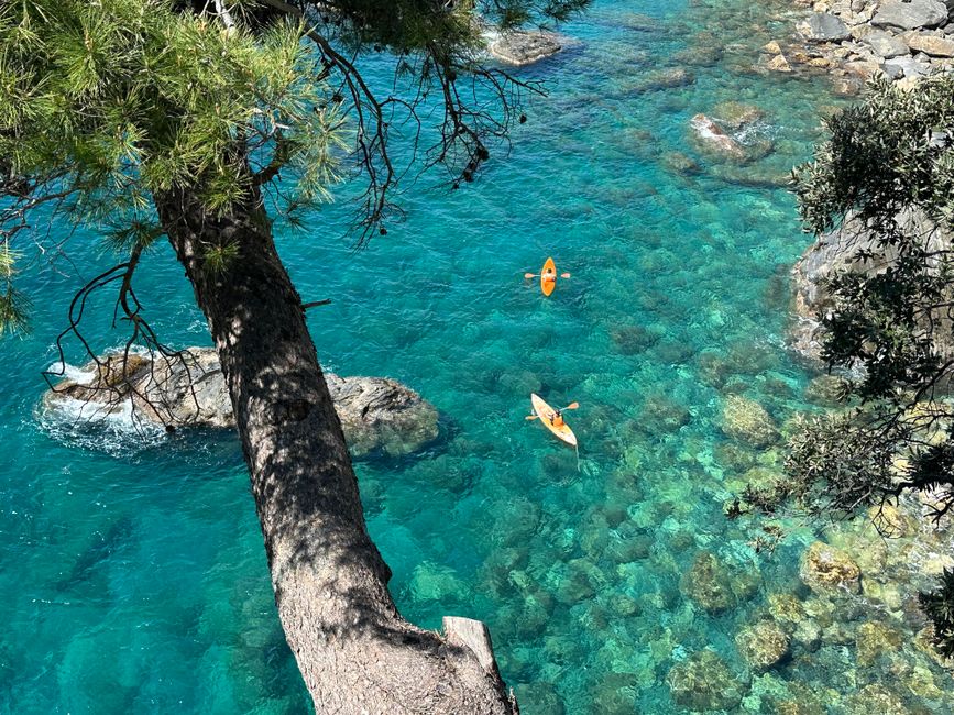 Aerial view of kayakers in turquoise waters near Athens