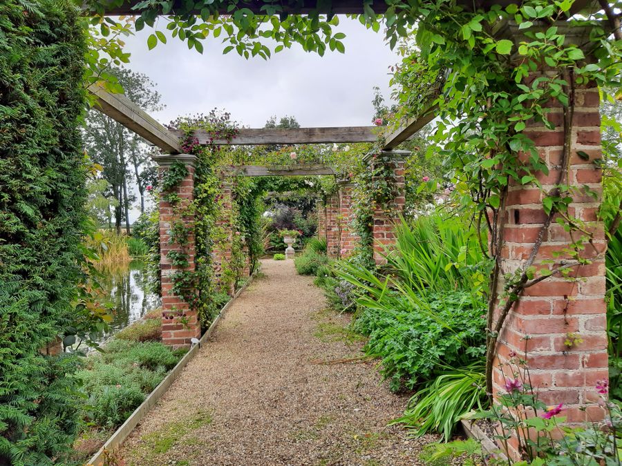 A brick pergola walk covered in climbing plants