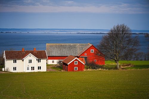 Free Charming Swedish landscape featuring traditional red barns and a lake view in Gränna. Stock Photo