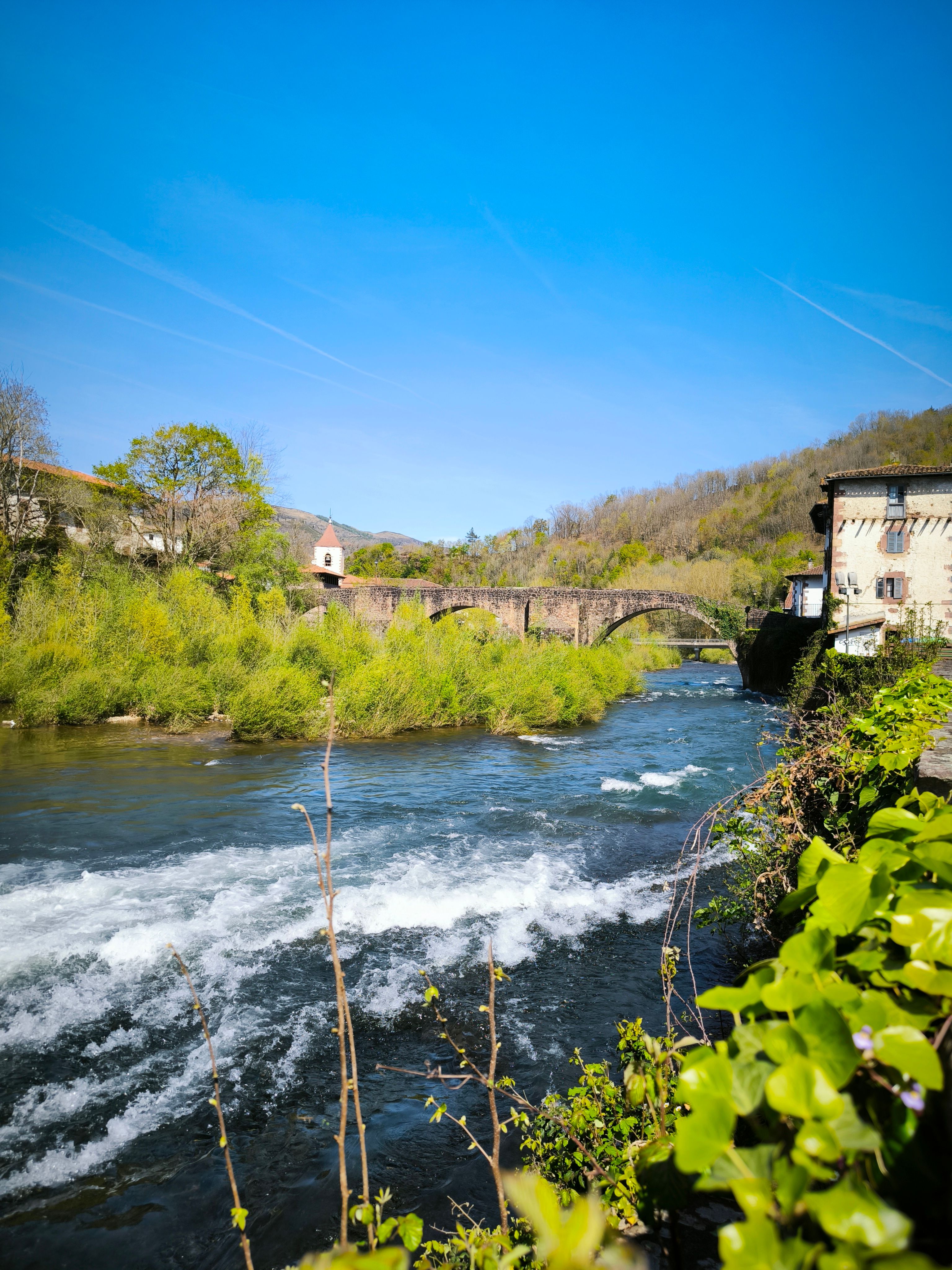 Charming Spring River Scene with Stone Bridge · Free Stock Photo