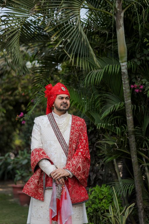 Free A groom dressed in traditional Indian wedding attire poses outdoors amidst lush greenery. Stock Photo