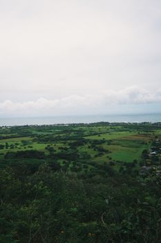 Photo by Caleb Lamb A scenic view of Hawaii's lush green fields with the ocean in the background under a cloudy sky.