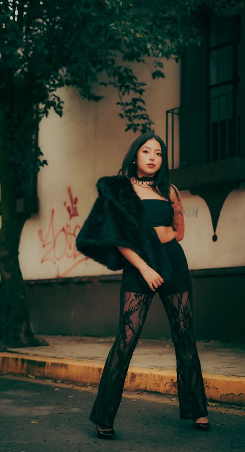 Free Chic woman in lace pants and fur wrap poses confidently in a moody urban backdrop. Stock Photo