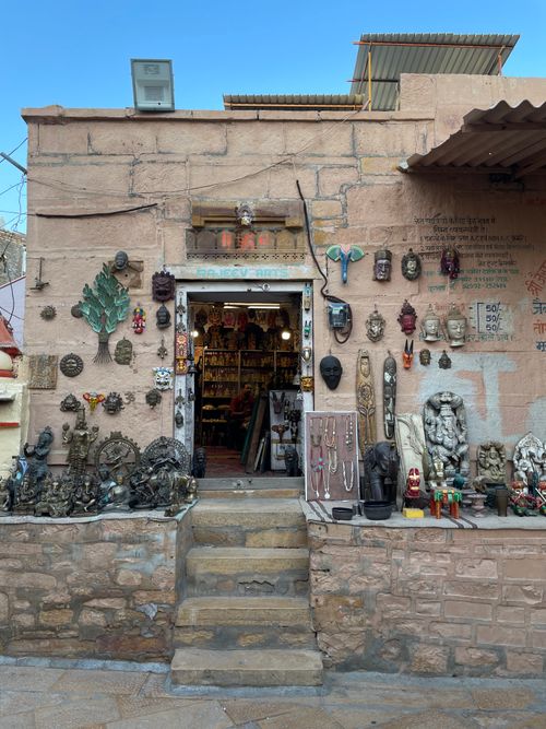 Free Colorful display of Indian handicrafts at a shop entrance in Jaisalmer, Rajasthan, India. Stock Photo