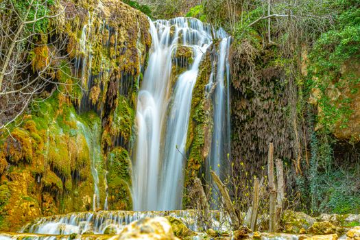 Captivating view of a waterfall amidst lush greenery and moss-covered rocks.