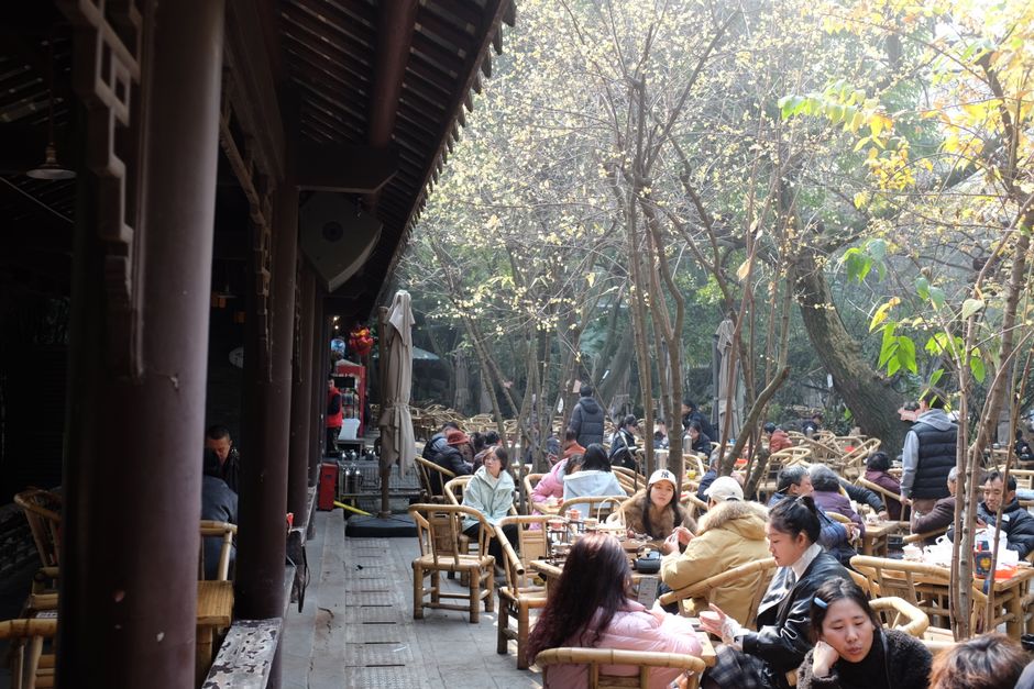 A bustling tea garden filled with people enjoying a sunny day outdoors.