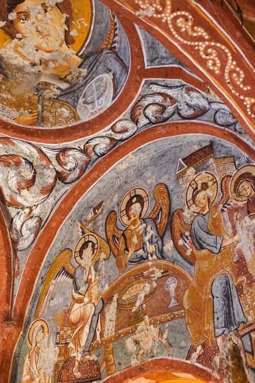 Free Detailed image of Byzantine frescoes depicting angels and religious scenes. Stock Photo