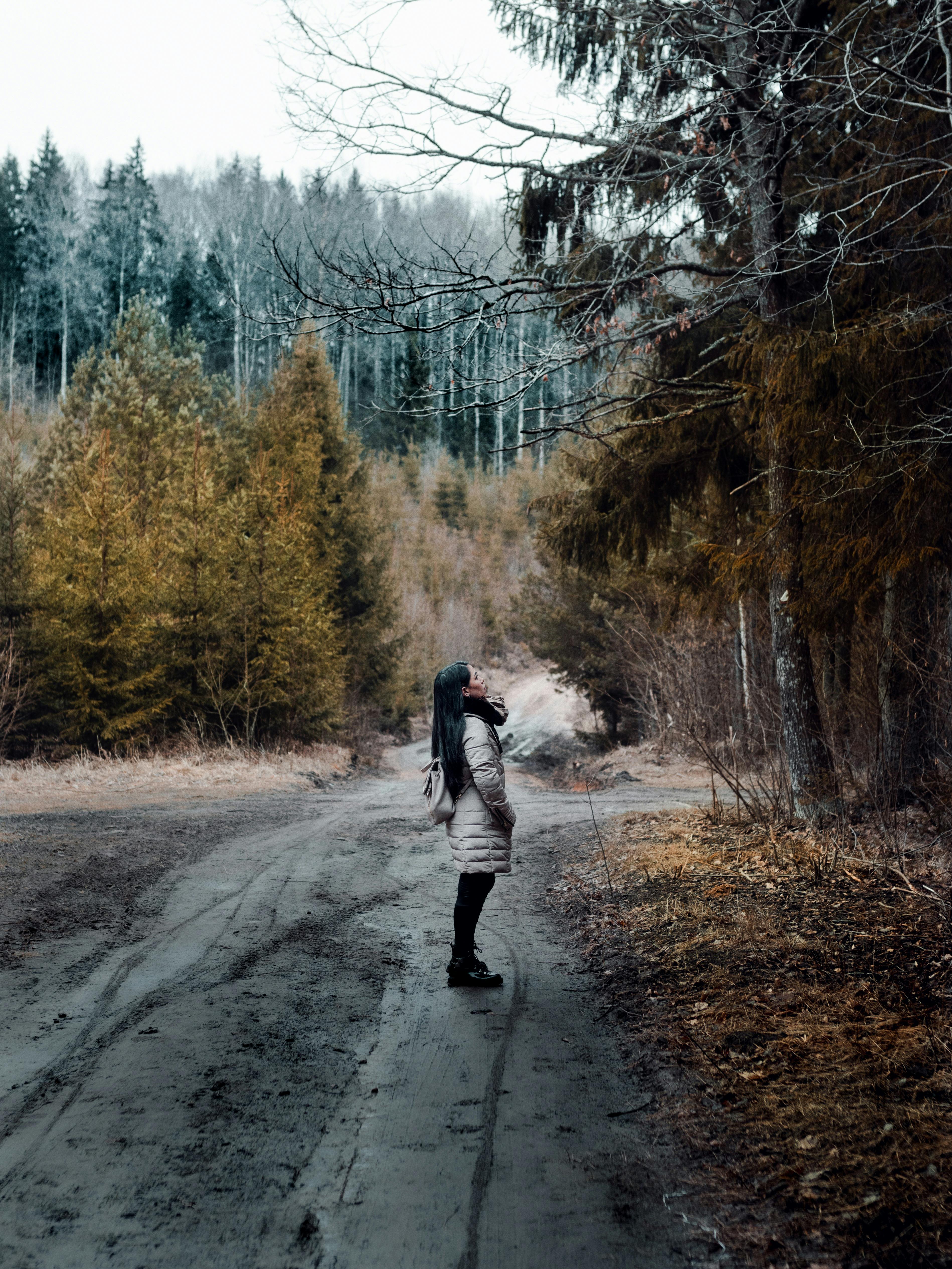 woman standing on the road looking at the trees