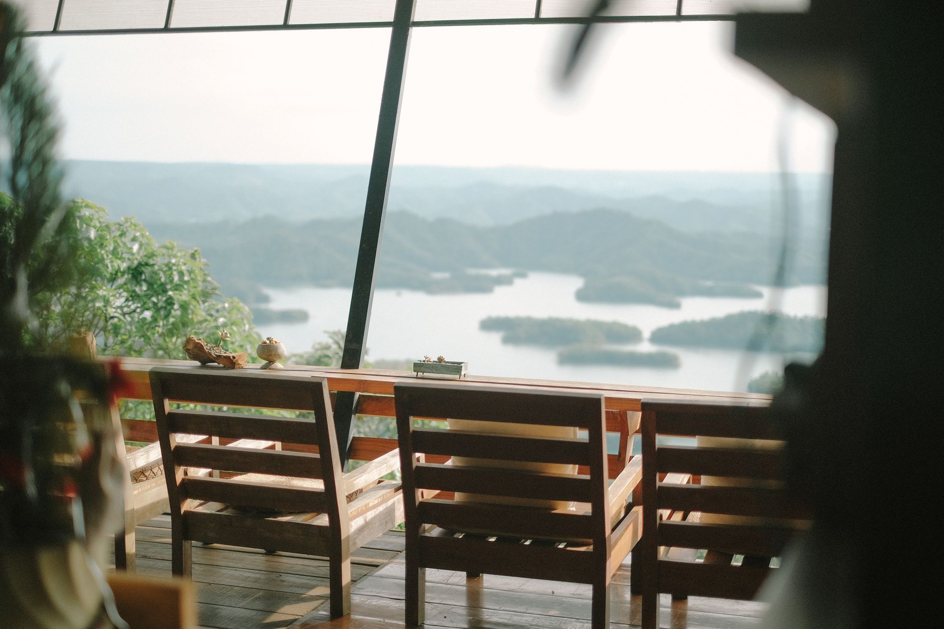 Peaceful indoor restaurant with breathtaking lake view.