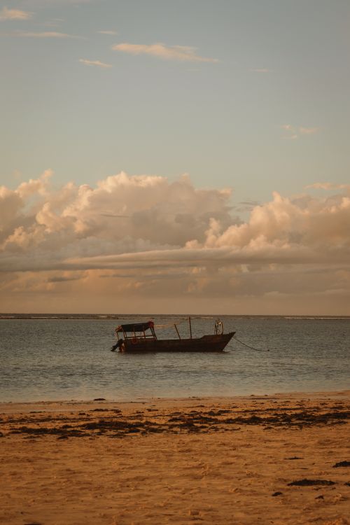 Free A traditional dhow boat floats peacefully at sunset on a Zanzibar beach. Stock Photo