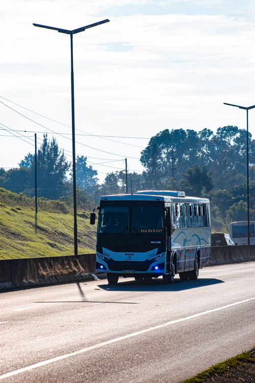 Free A blue and white bus travels on a highway in a scenic outdoor setting under streetlights. Stock Photo