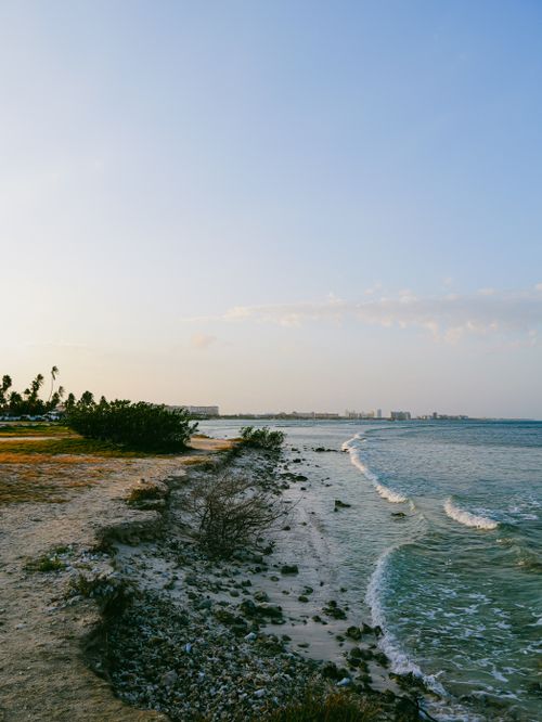 Free A tranquil ocean coastline with gentle waves and clear skies at sunrise. Stock Photo