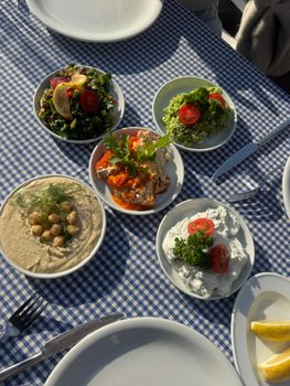 Variety of Mediterranean dishes on a checkered tablecloth under sunlight.