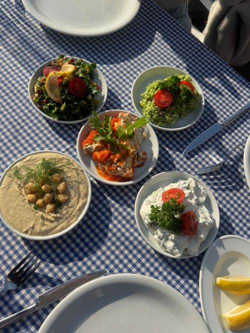 Free Variety of Mediterranean dishes on a checkered tablecloth under sunlight. Stock Photo