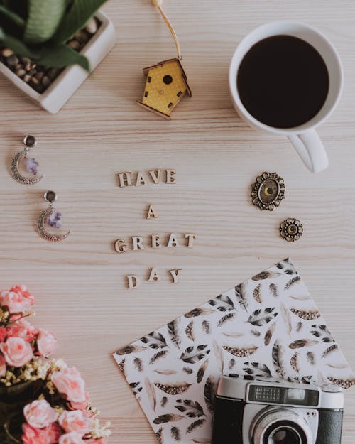 Free Have A Great Day Text Beside White Ceramic Mug With Coffee Stock Photo