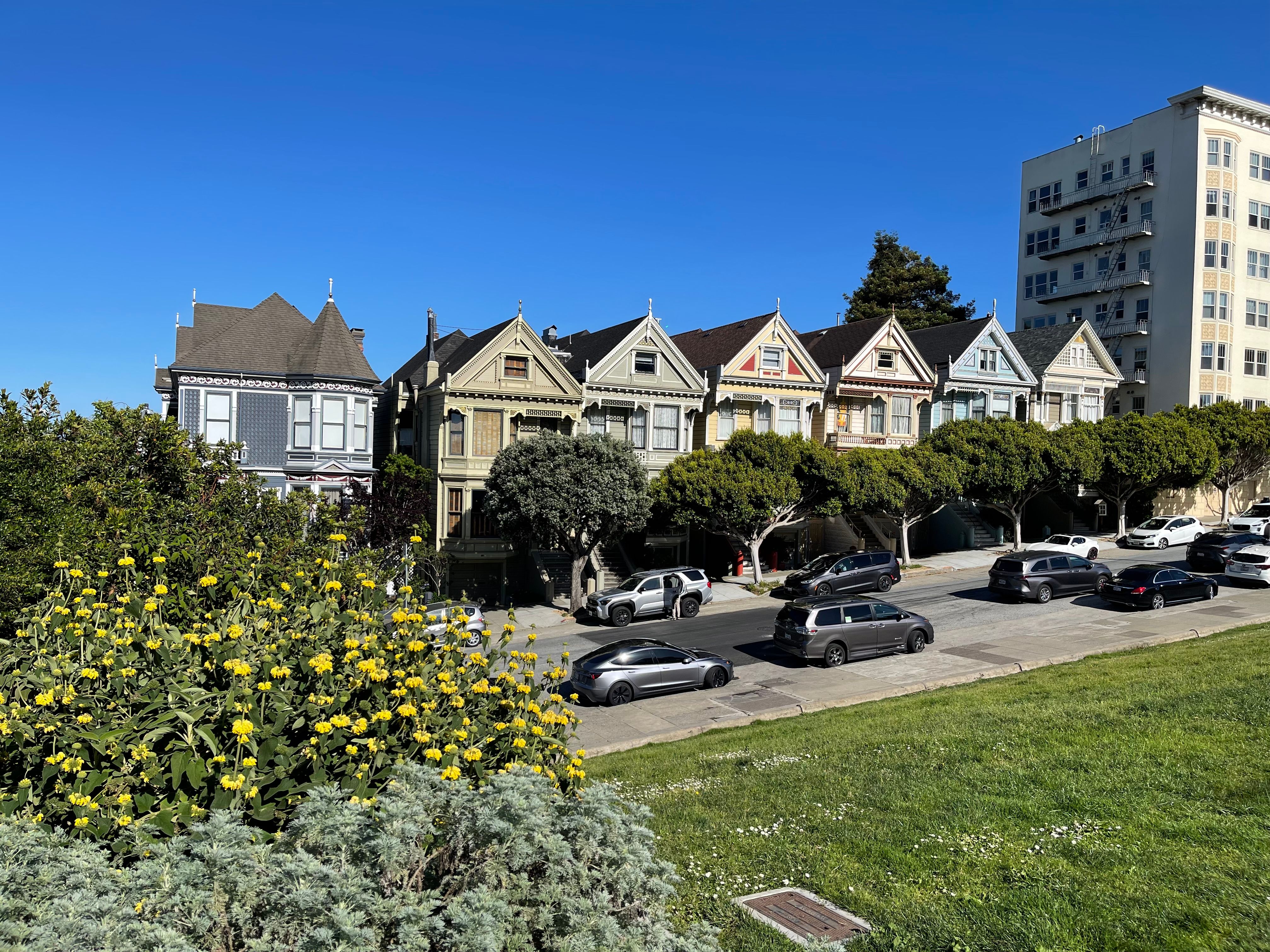 View of iconic Painted Ladies Victorian houses in San Francisco with clear blue sky.