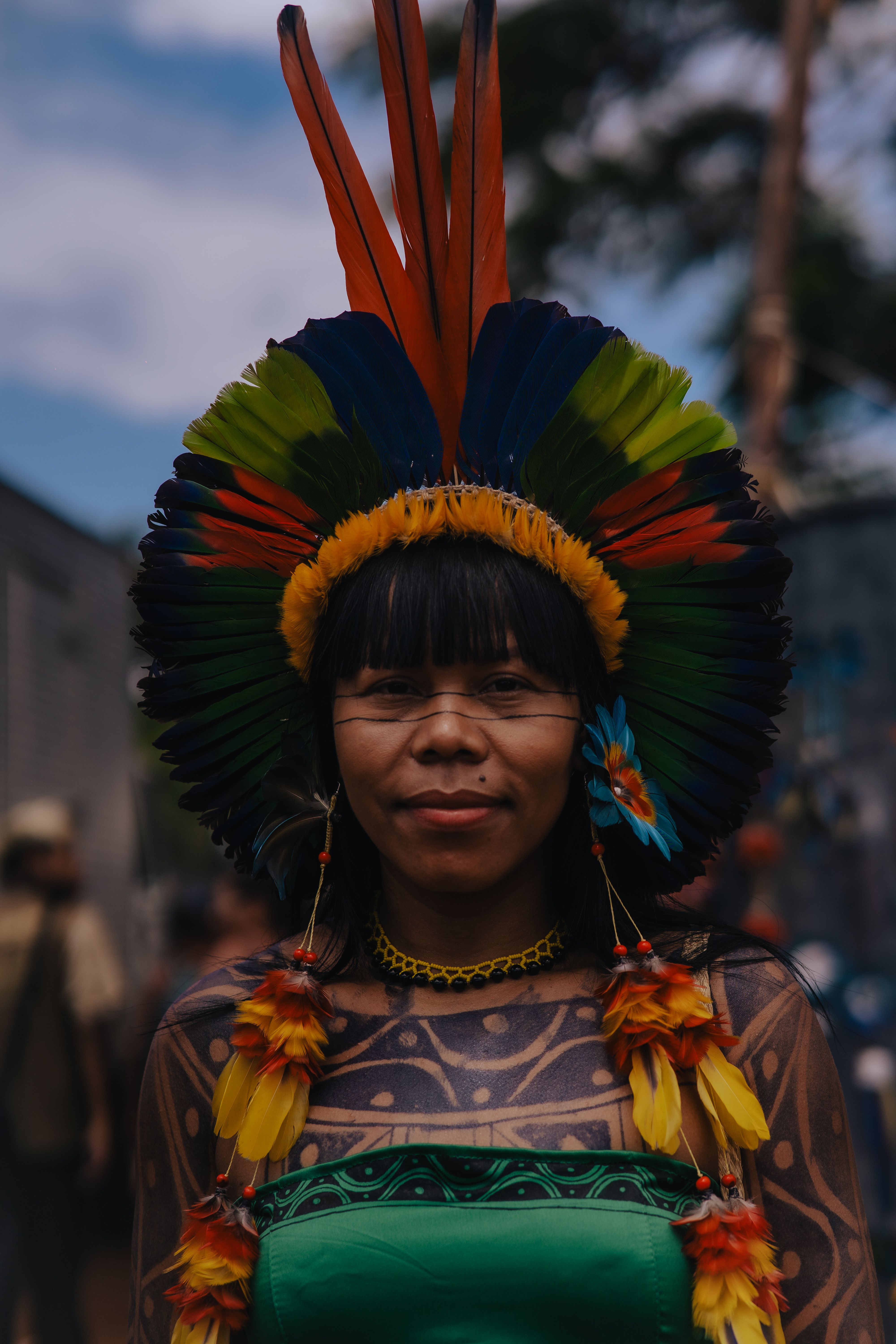 Gratis Persona indígena con vestimenta tradicional y tocado de plumas de colores, que simboliza su patrimonio cultural. Foto de stock