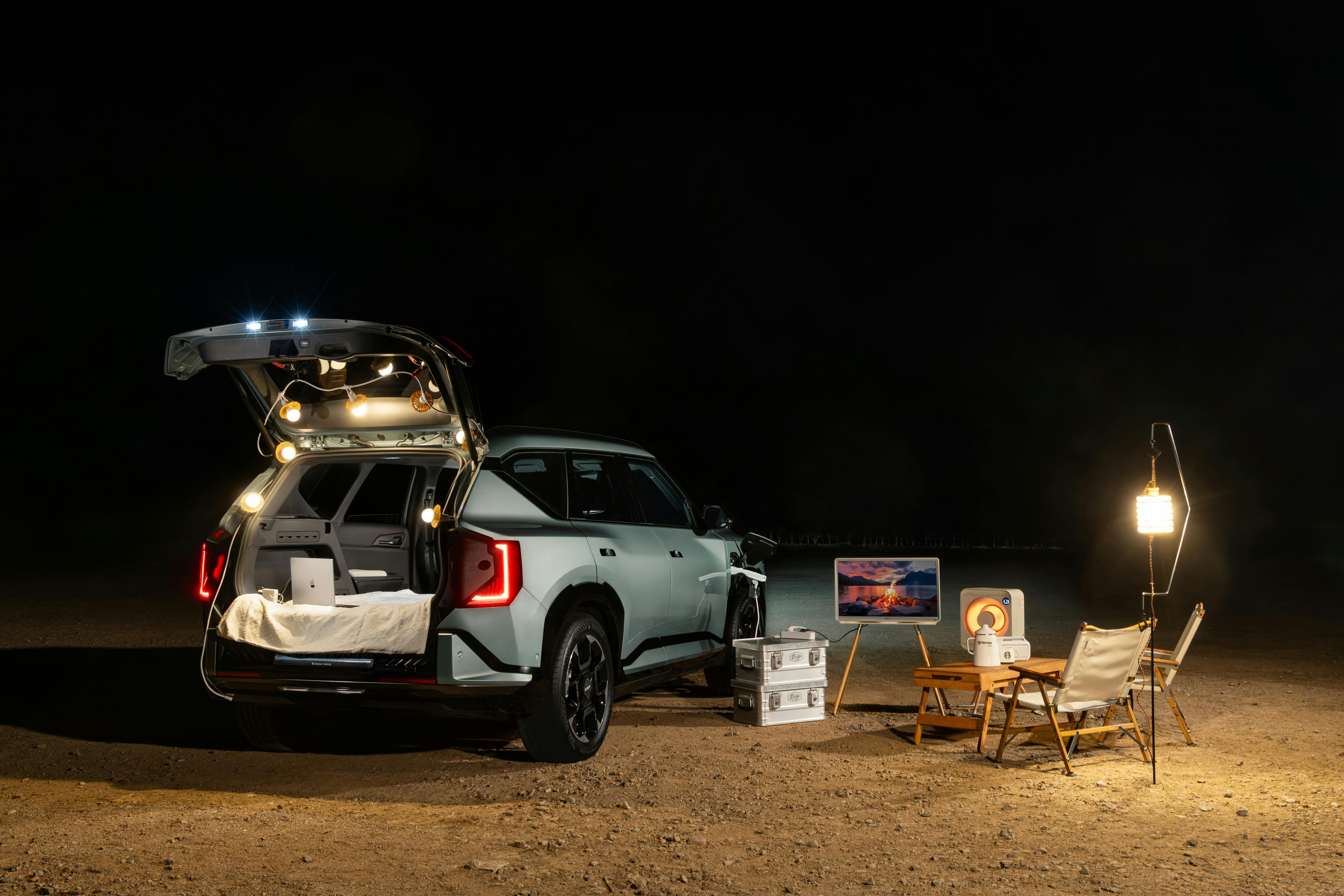 Portable power station lighting up a campsite at night