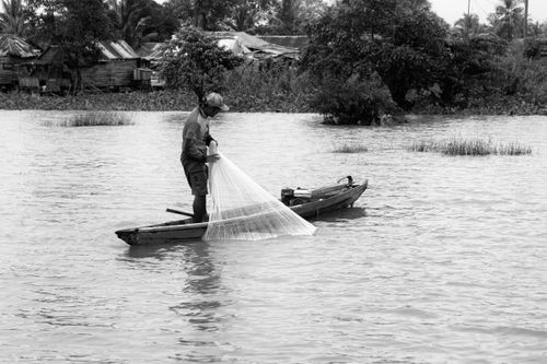 Free Black and white photo of a fisherman casting net from a small boat in a rural river setting. Stock Photo