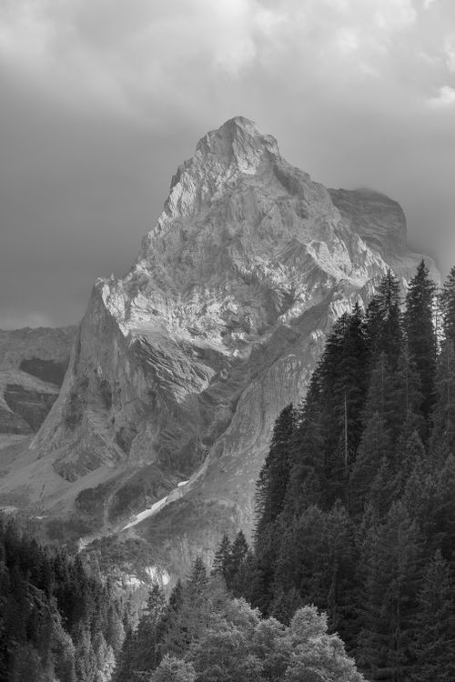 Free Stunning black and white photo of a towering alpine peak with surrounding forests. Stock Photo