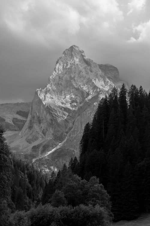 Free Dramatic view of a mountain peak in the Swiss Alps in monochrome. Stock Photo