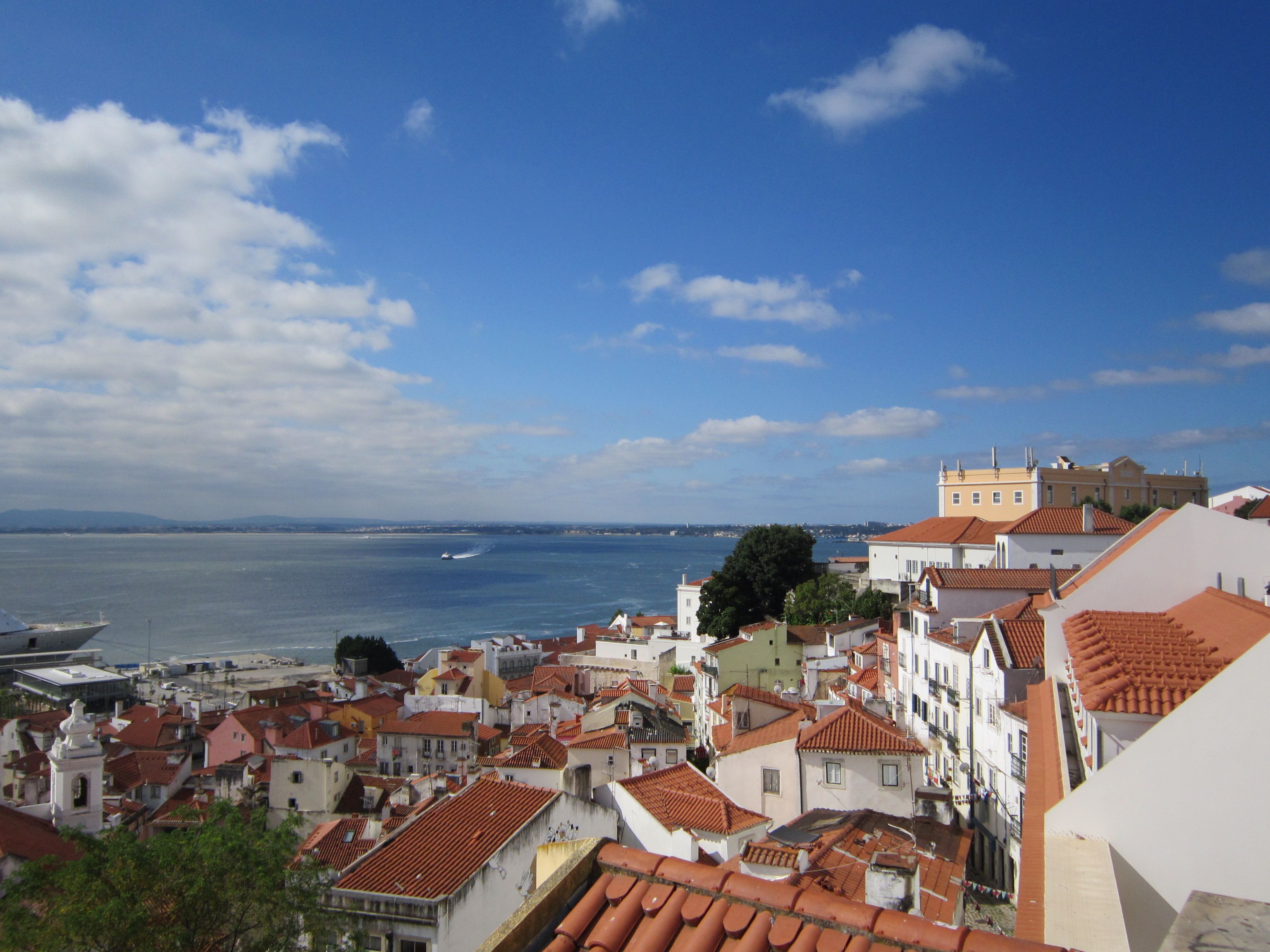 Cruise ship berthed at the Jardim do Tabaco quay with Alfama rising behind it