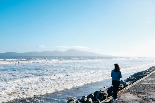 在晴朗的蓝天下，一个人欣赏着宁静的海滩景色，观看海浪