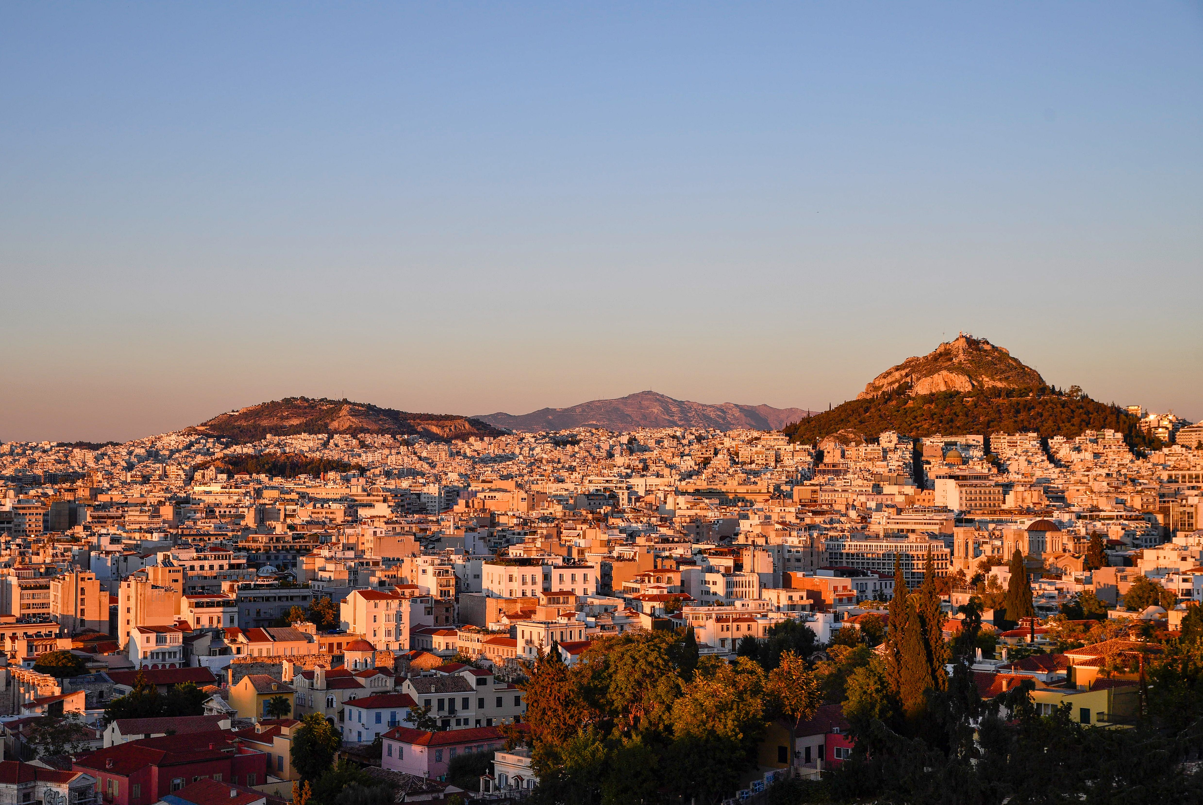 City skyline with warm evening light