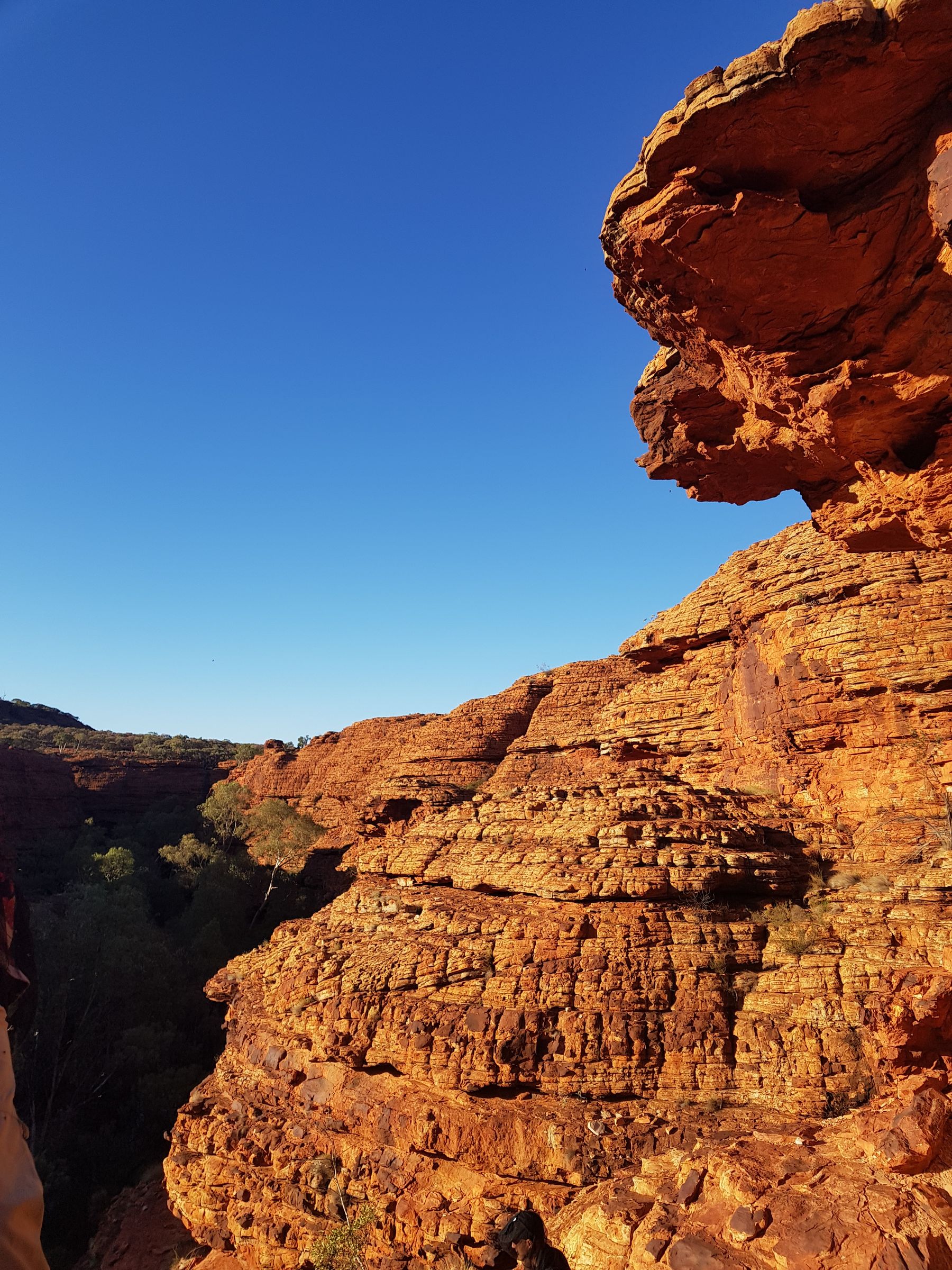 Uluru's immense red sandstone profile beneath a clear Central Australian sky