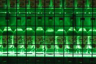 Illuminated bottles of Jinro Grapefruit soju on a vibrant green-lit shelf, creating a bold and artistic display.