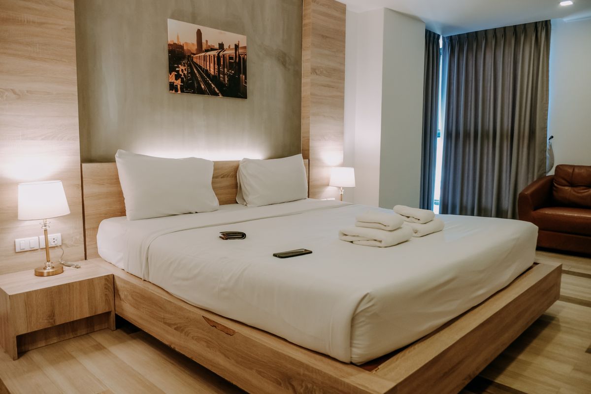 Cozy hotel bedroom with soft lighting in Osaka