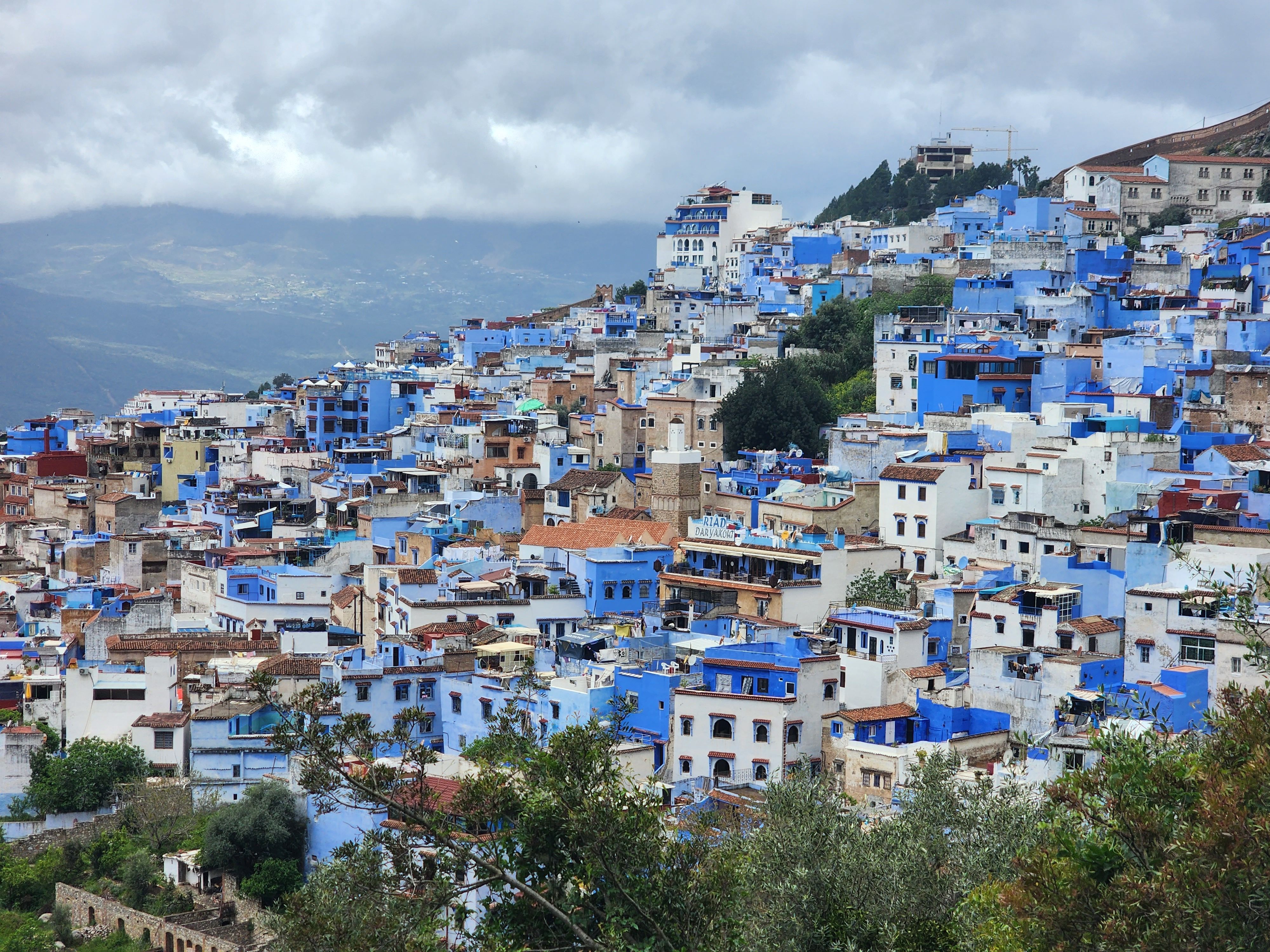 Discover the enchanting blue cityscape of Chefchaouen, Morocco, showcasing vibrant architecture nestled in lush hills.