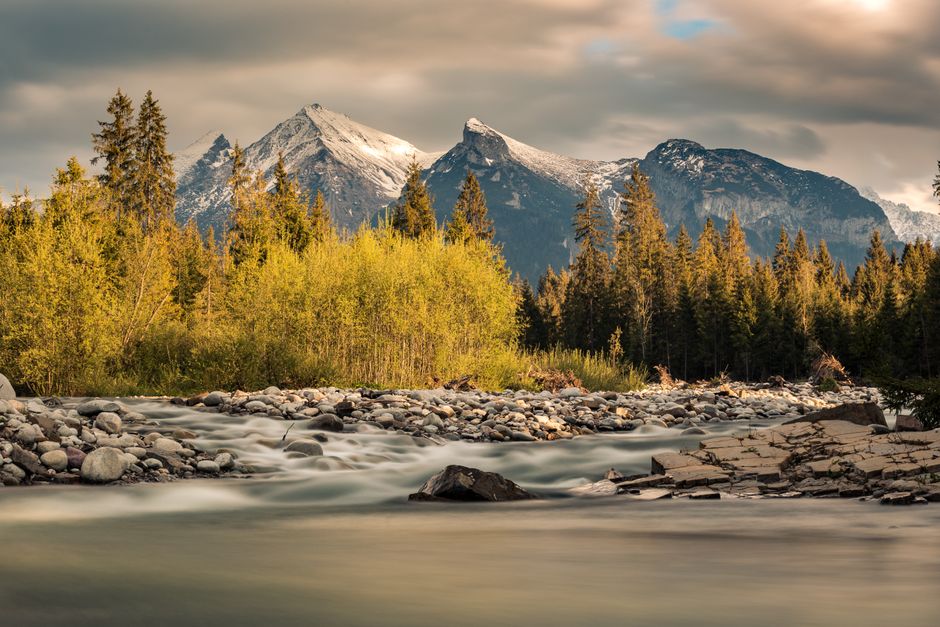 Fotomural Hermoso paisaje de los montes Tatra con un río caudaloso y un bosque siempre verde en Polonia.