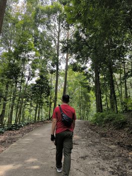 A man walks along a forest path surrounded by lush greenery in Jawa Barat, Indonesia.