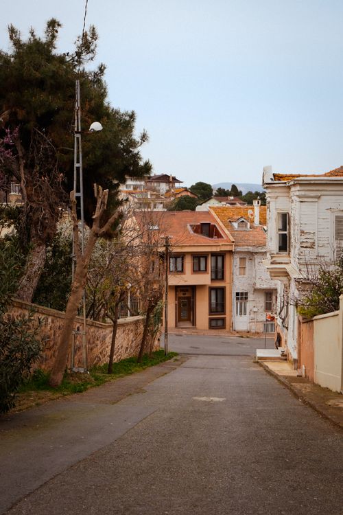 Free A quaint residential street lined with traditional houses in Heybeliada, İstanbul, showcasing architectural beauty. Stock Photo